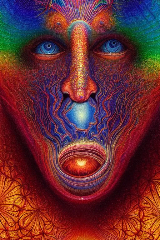 Image similar to hyperrealistic abstract close-up Renaissance psychedelic!! celestial happy! pure creature!! peaceful! kind spirit of nature! beautiful fractal!! eyes! highly detailed concept art eric zener elson peter cinematic hard rainbow lighting high angle hd 8k sharp shallow depth of field endless, inspired by Zdzisław Beksiński Salvador Dali