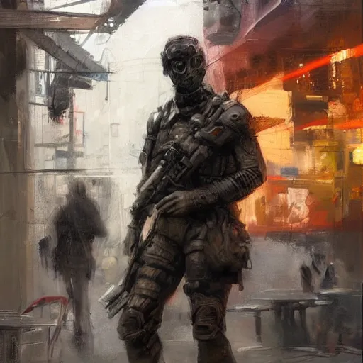 Image similar to a realistic hyperdetailed multi - colored digital oil full body portrait painting of a man playing warzone outside at a restaurant, beer in hand, in the style of guy denning, ruan jia, and craig mullins. trending on artstation and deviantart. cgsociety digital art.