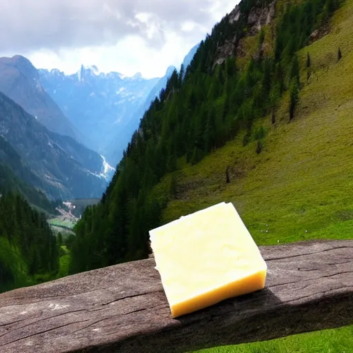 Image similar to i giant piece of swiss cheese in a beautiful mountainous landscape