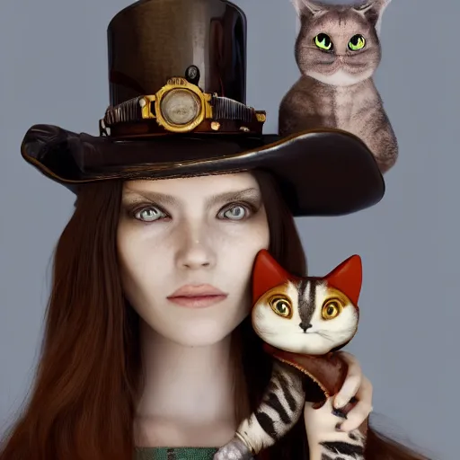 Prompt: a portrait beautiful steampunk woman and her cute robot cat standing beside her by mario testino, long hair, aged 2 5, slovenian, wearing a travel hat, photo realistic, real life, octane render, trending on artstation