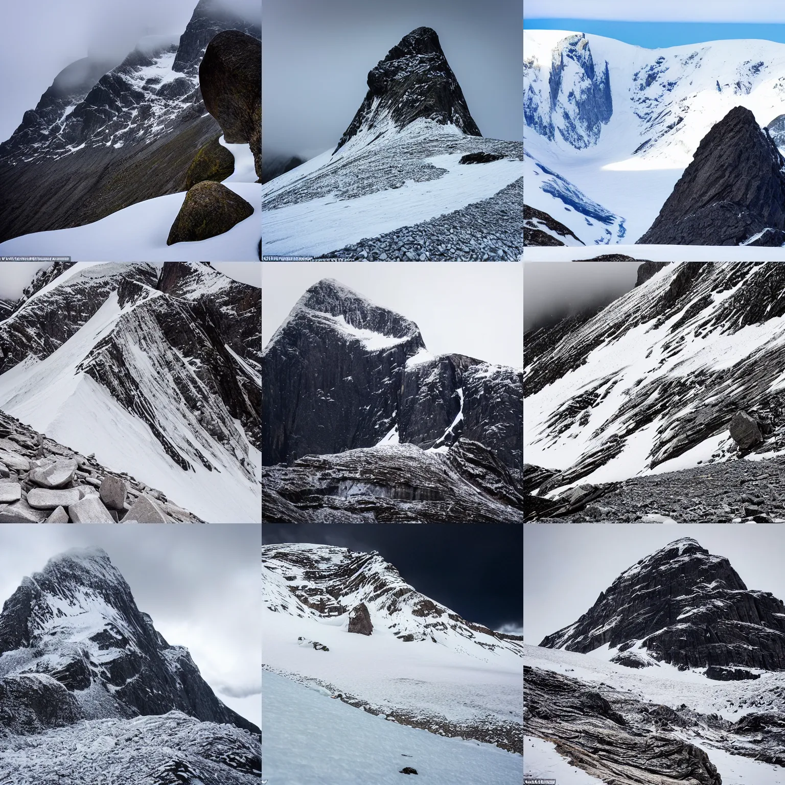 Prompt: rocky, icy, snow - capped, windy, majestic, myriad, sheer, sloped, sharp, craggy, imposing, endless, mysterious, gloomy, isolated, tranquil, rugged, vertigo - inducing, immense, foreboding