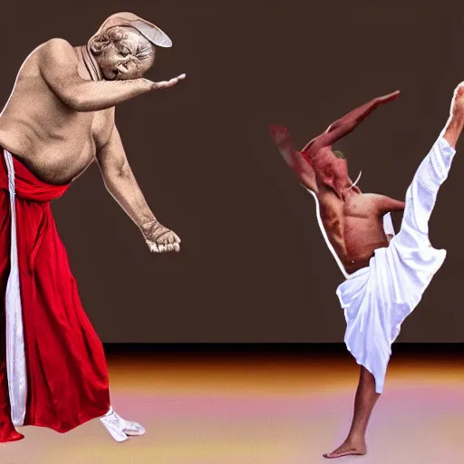 Image similar to gandhi carying donald trump while dancing acrobatic rock on the dance floor, realistic 4 k, detailed image