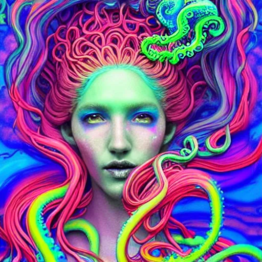 Image similar to A sea goddess with neon tentacles hair having an extremely colorful psychedelic experience, warping time and space, magic mushrooms, psilocybin, LSD, face, detailed, intricate, elegant, highly detailed, digital painting, artstation, concept art, smooth, sharp focus, illustration, art by Krenz Cushart and Artem Demura and alphonse mucha, Octane render, unreal engine, 8K