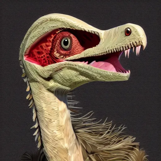 Image similar to cute velociraptor with feather, pet, realistic, digital art, ray traced, octane render