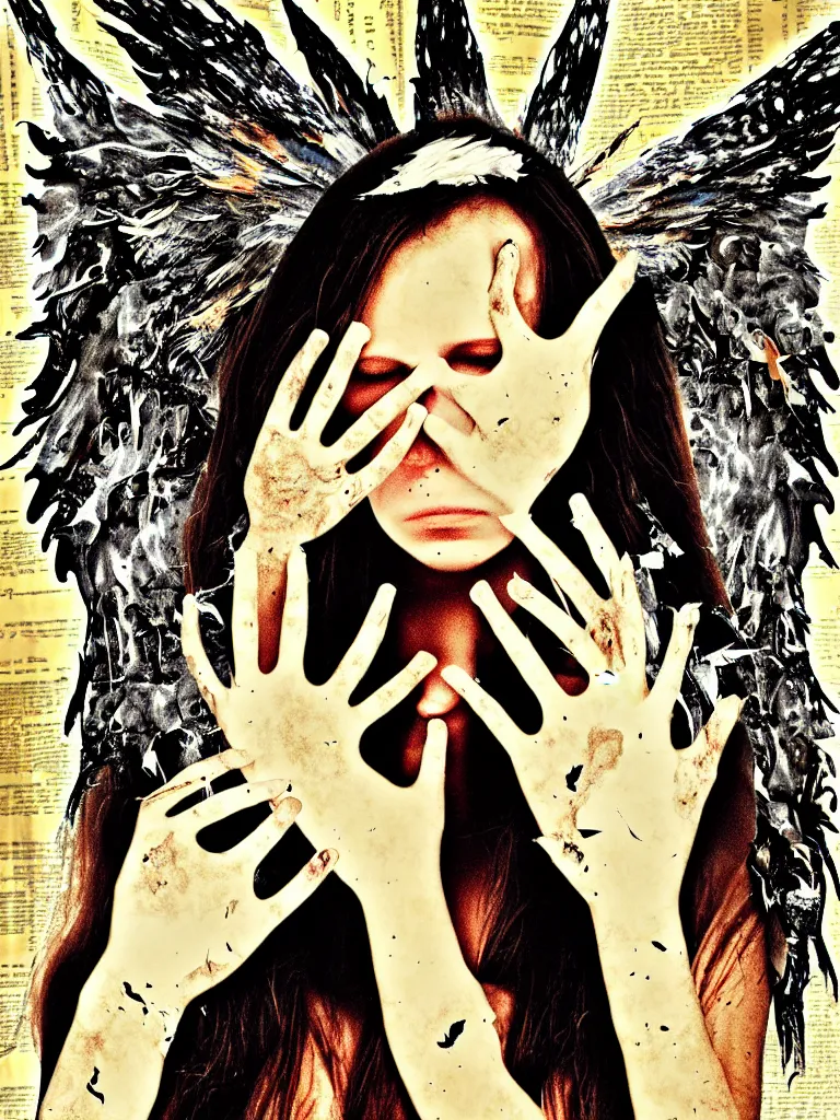 Image similar to a young adult angelgirl soft crying with lots of hands on her face and ratty feathered angel wings, stressed and burnt out, collage effect, collaged, torn paper, torn paper collage, overexposure, overexposed, high exposure