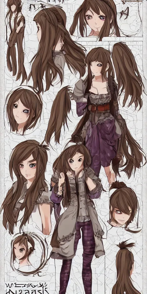 Image similar to Reference sheet for a narcoleptic and sleepy girl, in the style of anime, RPG maker, renaissance style, extremely detailed clothing, extremely detailed face and eyes, 4k, 8k, HDR, beautiful