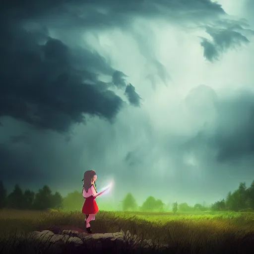 Image similar to young girl playing flute, birch forest clearing, storm at night, lightning dragons attack, low angle facing sky, cinematic, dramatic lighting, big storm clouds, high contrast, artstation, fine art, greg rutowski, ghibli, hosada