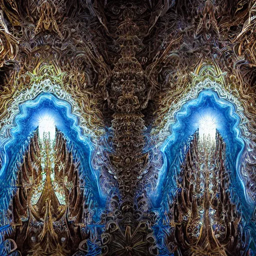 Image similar to a beautiful 3 d painting of a sprawling intricate mandelbrot fractal cathedral populated by fractals by android jones, carved soap, white color scheme, unreal engine, volumetric lighting, dynamic lighting, dramatic lighting, high contrast, depth of field, carved marble, opalescent, sacred geometry, religious, angelic, catholicpunk, stark, trending on artstation