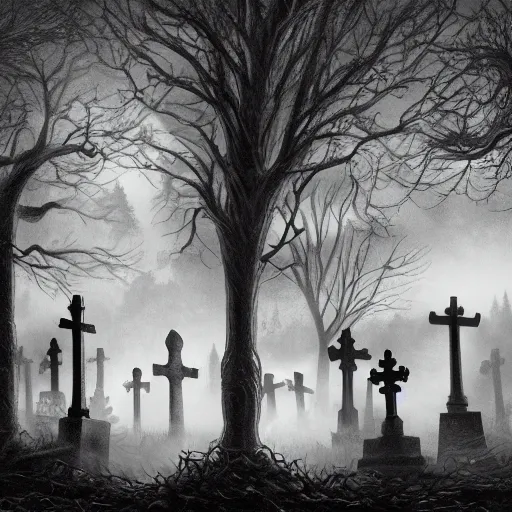 Prompt: an endless eerie graveyard with ancient ornate tombstones, misty, strands of fog, catacomb in background, frame is flanked by dark trees, creepy, night, finely detailed photorealistic black and white pencil drawing