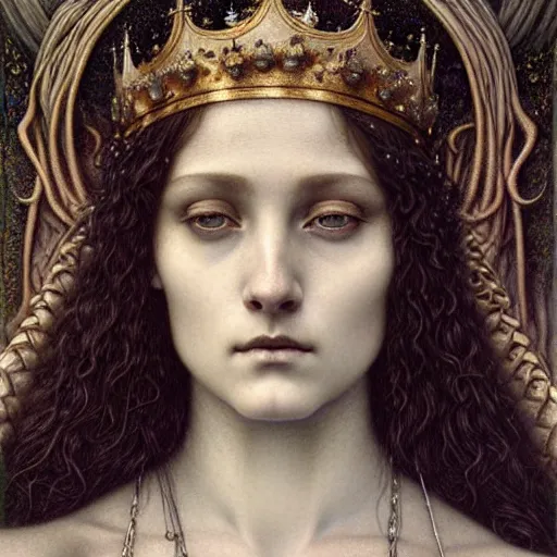 Image similar to detailed realistic beautiful young medieval queen face portrait by jean delville, tom bagshaw, brooke shaden, gustave dore and marco mazzoni, art nouveau, symbolist, visionary, gothic, pre - raphaelite, ornate gilded medieval icon, surreality, ethereal, unearthly, haunting, celestial, neo - gothic