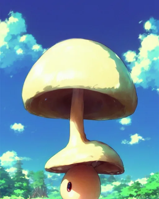 Image similar to a cute thicc mushroom creature ， by makoto shinkai an krenz cushart