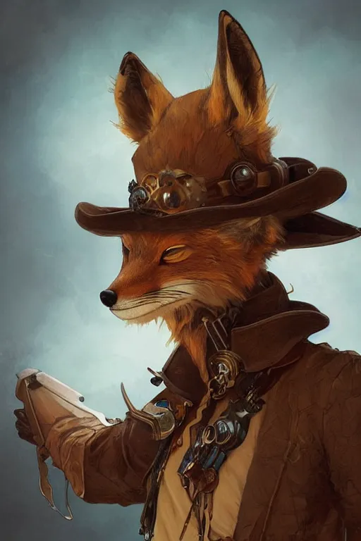 Prompt: heroic character design of anthropomorphic whimsical fox, portrait, western, steampunk, clint eastwood pose, duster, fantasy, intricate, elegant, highly detailed, digital painting, artstation, concept art, sharp focus, illustration, art by artgerm and greg rutkowski and alphonse mucha