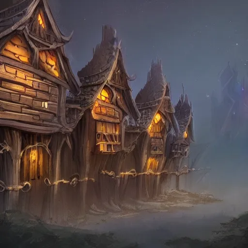 Image similar to medeival fantasy town, slight ruination, night, tall wooden palisade!! connecting buildings, artstation