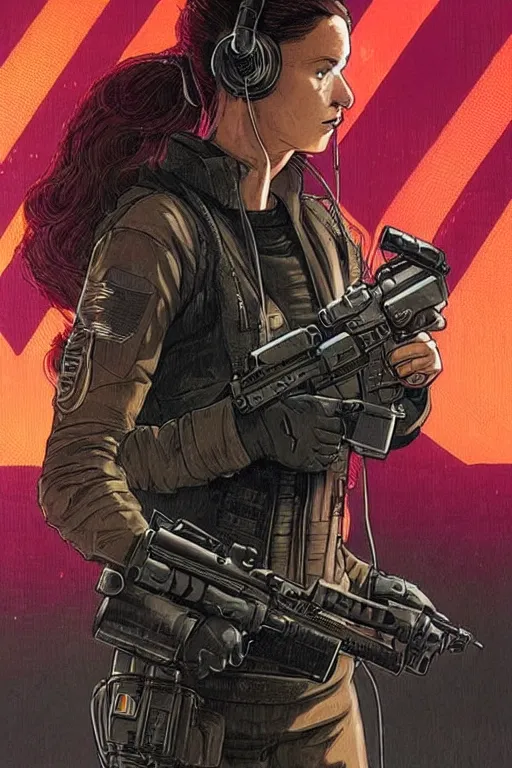 Image similar to maria. Deadly blackops mercenary in tactical gear and cyberpunk headset. Blade Runner 2049. concept art by James Gurney and Mœbius.