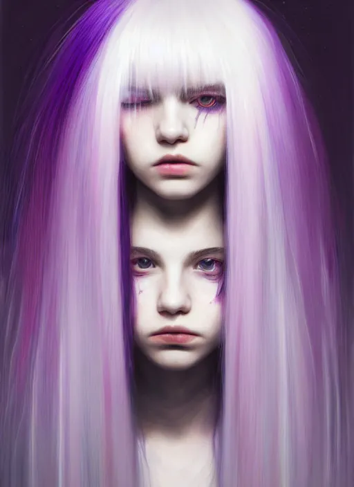 Image similar to hair whitebangs hair, black hair, blackbangswhitehair, portrait of teenage girl with white bangs, red irises, purple clothes, white bangs, bangs are different color from hair, intricate, elegant, glowing lights, highly detailed, digital painting, artstation, concept art, sharp focus, illustration, art by wlop, mars ravelo and greg rutkowski