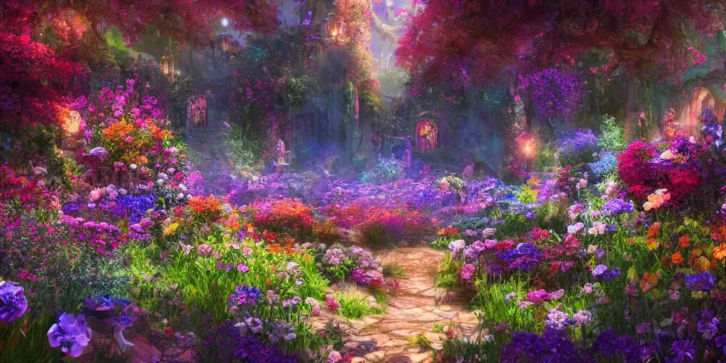 Image similar to beautiful fantasy flower garden, saturated, detailed lighting, high quality, sharp focus, intricate, digital painting, artstation, 4k