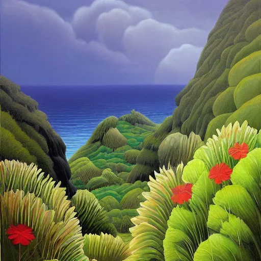 Image similar to painting of a lush natural scene on an alien planet by april gornik. beautiful landscape. weird vegetation. cliffs and water.