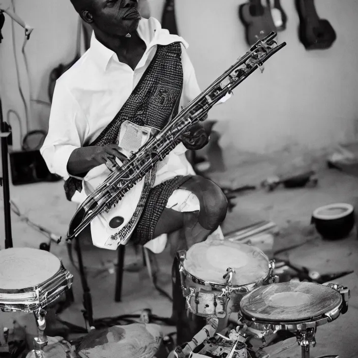 Prompt: an analogue photo of a Burkina Faso Maquerade playing an Akai MPC 2000XL, 35mm, f/1.4,