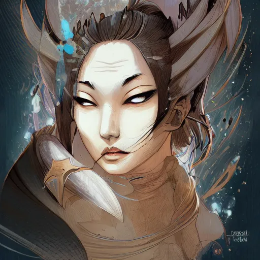 Prompt: shiba - warrior taro, heroine, beautiful, young, minimalist, detailed close - up portrait in the style of ross tran, marte gracia, and peter mohrbacher, comic book lineart