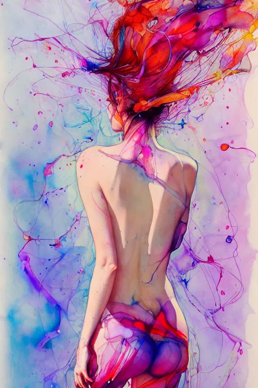 Prompt: sophia vergara by agnes cecile enki bilal moebius, intricated details, 3 / 4 back view, bendover posture, full body portrait, extremely luminous bright design, pastel colours, drips, autumn lights