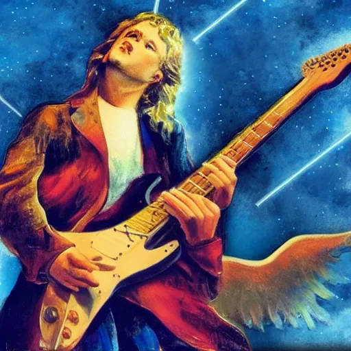 Prompt: photo of god in heaven, rocking out on electric guitar