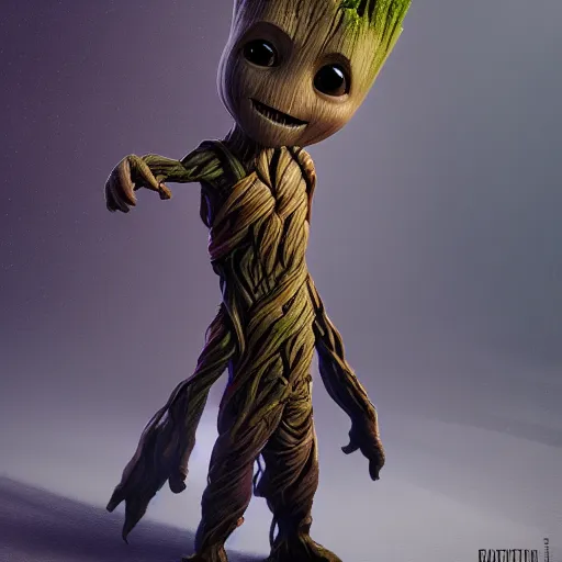 Image similar to Baby Groot is Batman, hyperdetailed, artstation, cgsociety, 8k