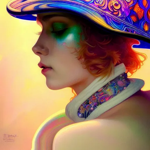 Prompt: An extremely psychedelic celestial white fedora hat, colorful, surreal, dramatic lighting, magic mushrooms, psilocybin, LSD, face, detailed, intricate, elegant, highly detailed, digital painting, artstation, concept art, smooth, sharp focus, illustration, art by Krenz Cushart and Artem Demura and alphonse mucha