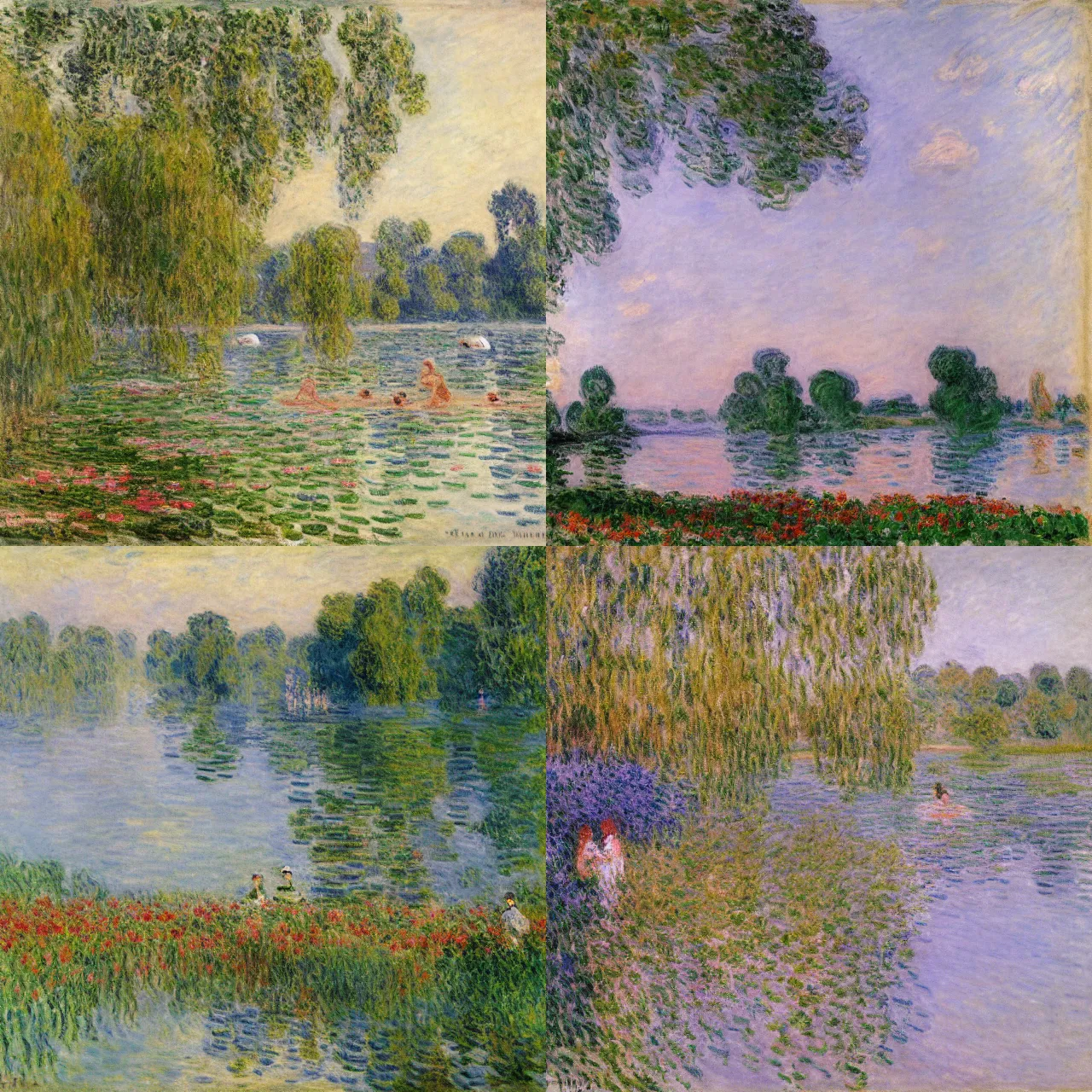 Prompt: women bathing in the lake, flowers and trees around the lake, morning, august, by Claude Monet