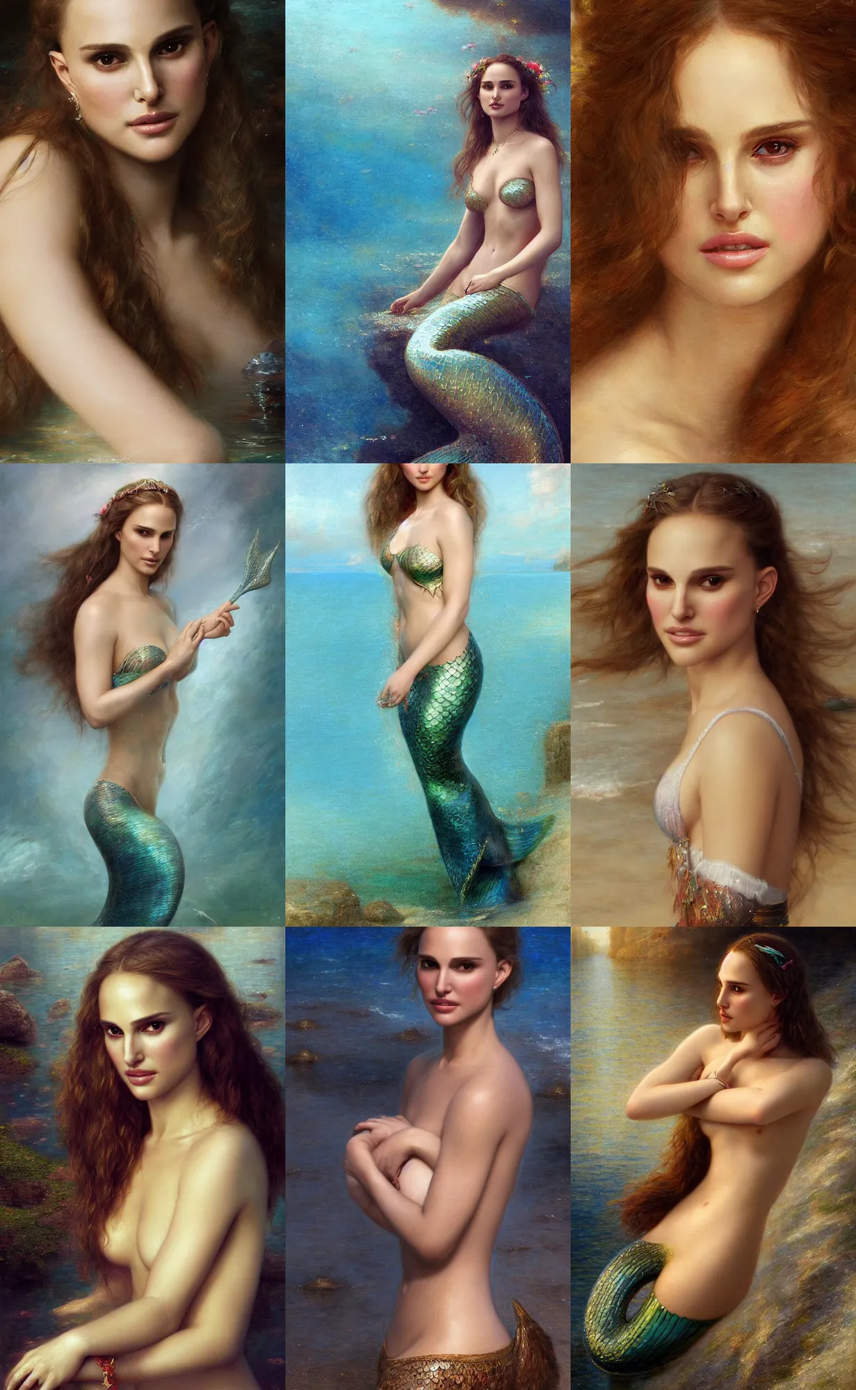 Prompt: A beautiful portrait of Natalie Portman as a mermaid, digital art by Eugene de Blaas and Ross Tran, vibrant color scheme, highly detailed, in the style of romanticism, cinematic, artstation, Greg rutkowski