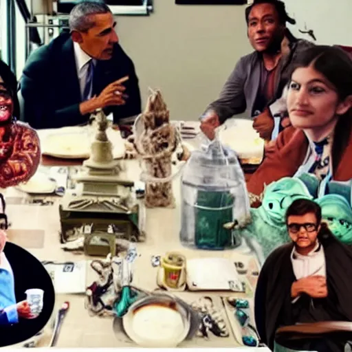 Image similar to peoples around a table, obama, yoda, elon musk, mia khalifa, skyrim