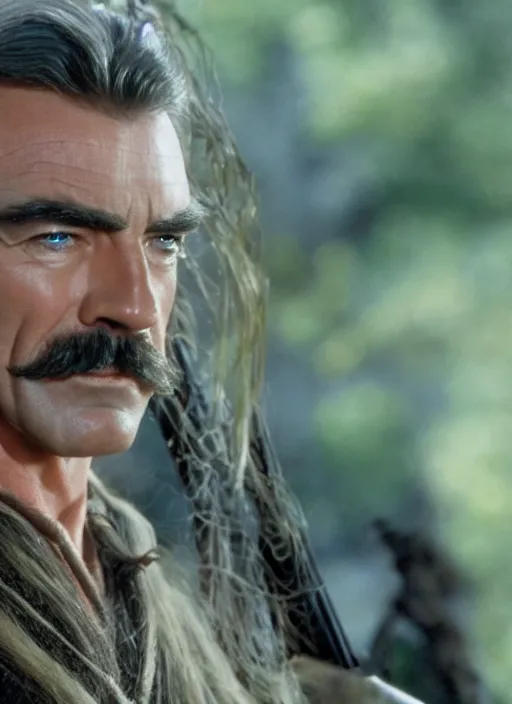 Image similar to film still of tom selleck as legolas in lord of the rings, 4 k