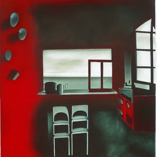 Prompt: red kitchen, by yves tanguy