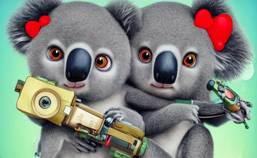 Image similar to “ cute koala with very big eyes, wearing a bandana and chain, holding a laser gun, standing on a desk, digital art, award winning, in the style of the movie madagascar ”