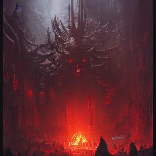 Image similar to medium shot of a demon overlord in the pits of hell, greg rutkowski, 8 k, shallow depth of field, intricate detail, concept art,