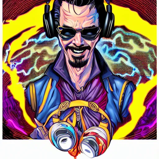 Image similar to artgerm, psychedelic laughing cybertronic dr. strange, rocking out, headphones dj rave, digital artwork, r. crumb, svg vector