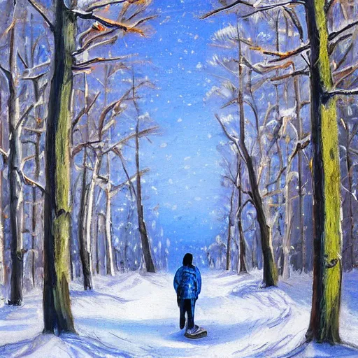 Prompt: skeleton wearing blue puffy jacket, classic painting, snowy woods background