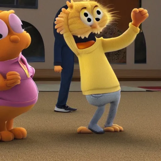 Image similar to a low-res image of garfield dancing