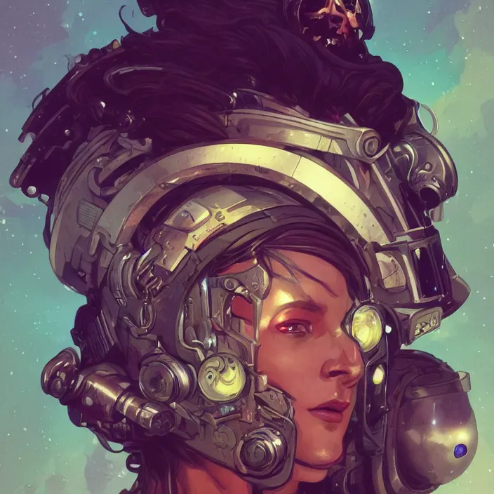 Prompt: a head and shoulders portrait of a space pirate, neon, retro, steampunk, smooth, sharp focus, intricate, artstation, detailed concept art by Rutkowski and Mucha and sky sewa and Darwin Cellis