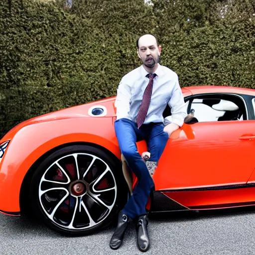 Prompt: andrew tate sitting on a bugatti