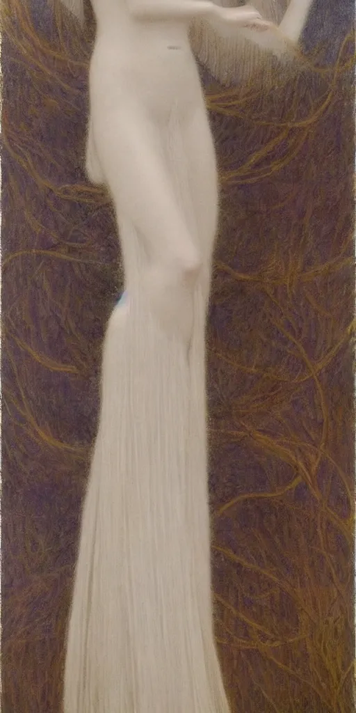 Image similar to Say who is this with silver hair so pale and Wan and thin? Beautiful feminine angel in the style of Jean Delville, Lucien Lévy-Dhurmer, Fernand Keller, Fernand Khnopff, single figure, oil on canvas, 1896, 4K resolution, aesthetic, mystery