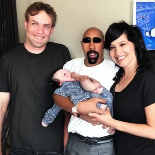 Prompt: a photo of a white man and his dark haired wife that are happy with their 3 month old baby boy. 2 pac can be seen in the background.