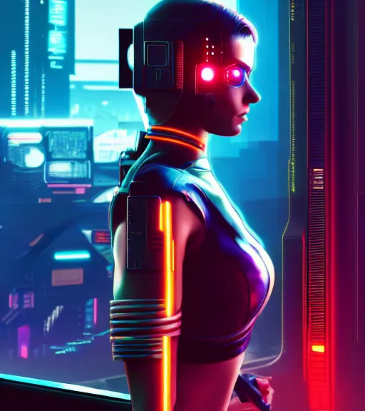 Image similar to cable plugged into cyberdeck, back of head, cyberpunk woman, computer, 1 9 7 9 omni magazine cover, style by vincent di fate, cyberpunk 2 0 7 7, 4 k resolution, unreal engine, daz