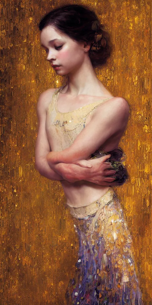 Image similar to an intricate portrait painting of an artistic pose young beautiful ballerina, klimt golden motives and textures, hyper - detailed, octane render, vivid colors, artstation, by jeremy mann, by gustav klimt