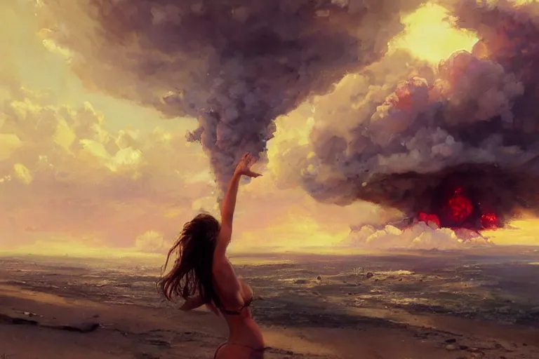 Prompt: girl with a ponytail wearing bikini looking at a nuclear bomb test, expressive painting, digital art, high quality, by michael garmash, by rob rey, by artgerm, by greg rutkowski, beautiful girl, apocalyptic, huge nuclear mushroom cloud, octane render