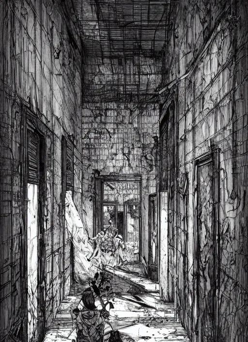 Image similar to interior of a haunted school corridor with ghots, art style by kim jung gi, au naturel, hyper detailed, digital art, trending in artstation, behance, deviantart