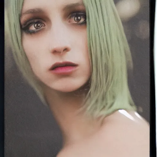 Image similar to grainy color polaroid of a beautiful feminine alien with thick black sludge seeping from her eyes screaming while being consumed by darkness, iridescent eyes, dreamlike, ultra realistic, photorealism, intricate detail, sigma 85mm f/1.4, 4k, hd