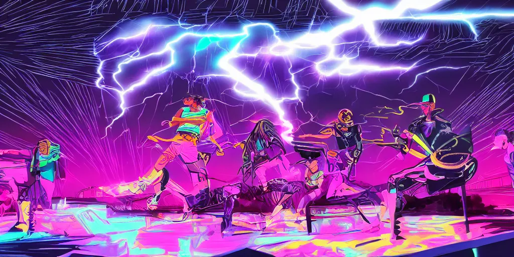 Image similar to Lightning storm rap battle, digital art, vapor wave, hip hop, psychedelic tron, trending on Artstation, professional artist, detailed, 4k