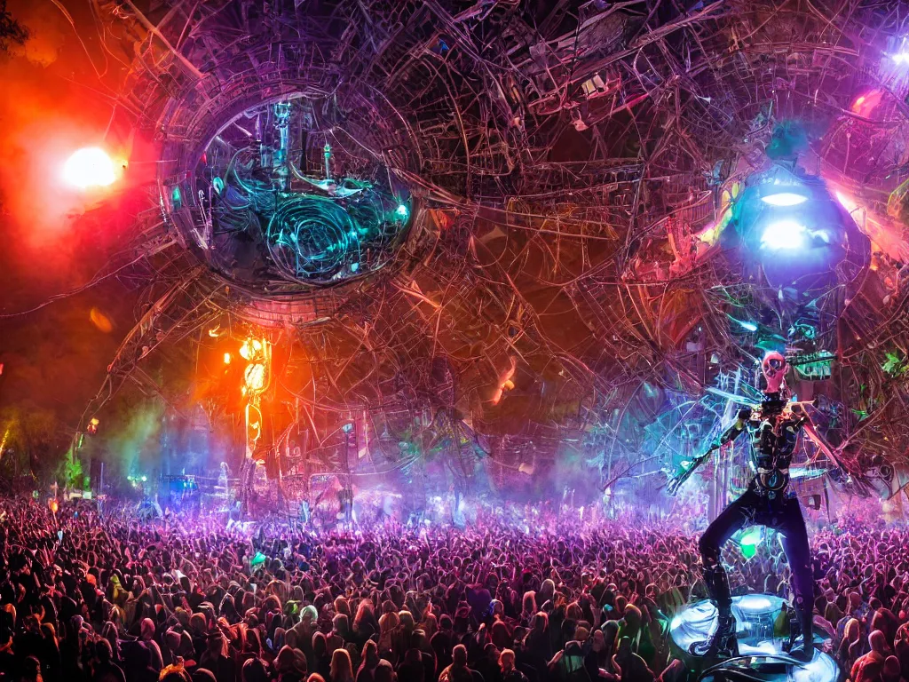 Image similar to a cyborg dj is playing a vast array of highly evolved and complex musical technology on a stage surrounded by an incredible and complex circular robotic structure playing highly evolved music overlooking a crowd at a forest festival lit by fire