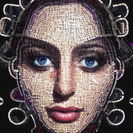 Image similar to portrait mosaic of a beautiful cute girl with robot ears and eyes, 4k, intricate details