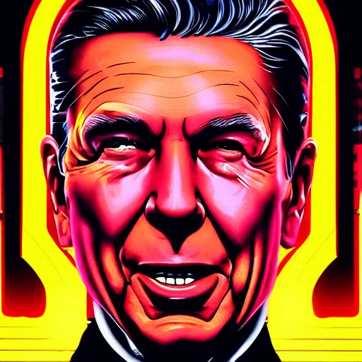 Prompt: ronald reagan as max headroom, cyberpunk, portrait, synthwave, neon, 8 0 s aesthetic, science fiction, artistic, artstation